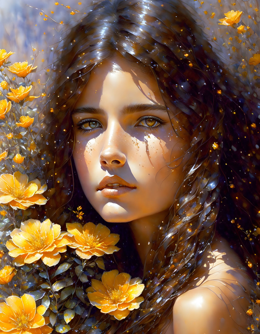 Woman Portrait with Deep Brown Eyes and Orange Flowers in Sunlight