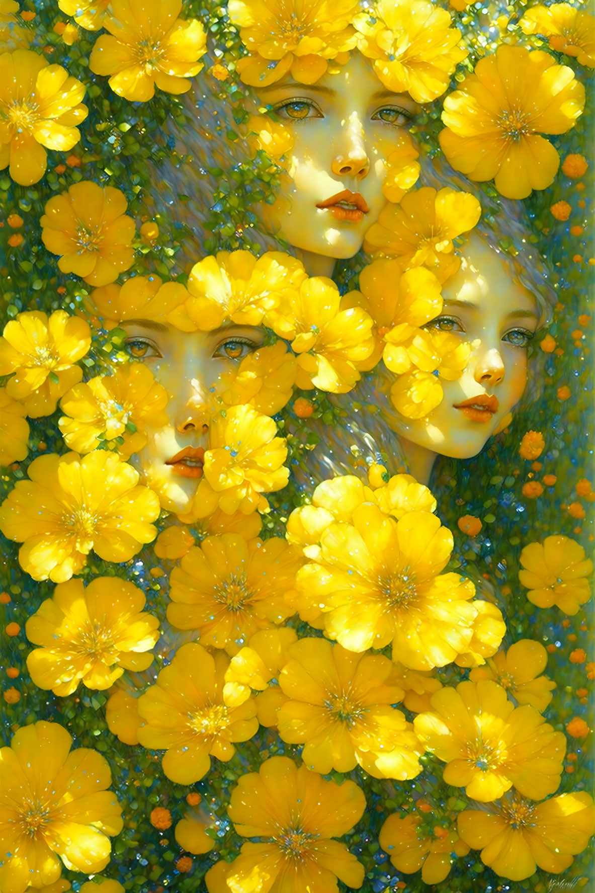 Ethereal faces in vibrant yellow flower sea