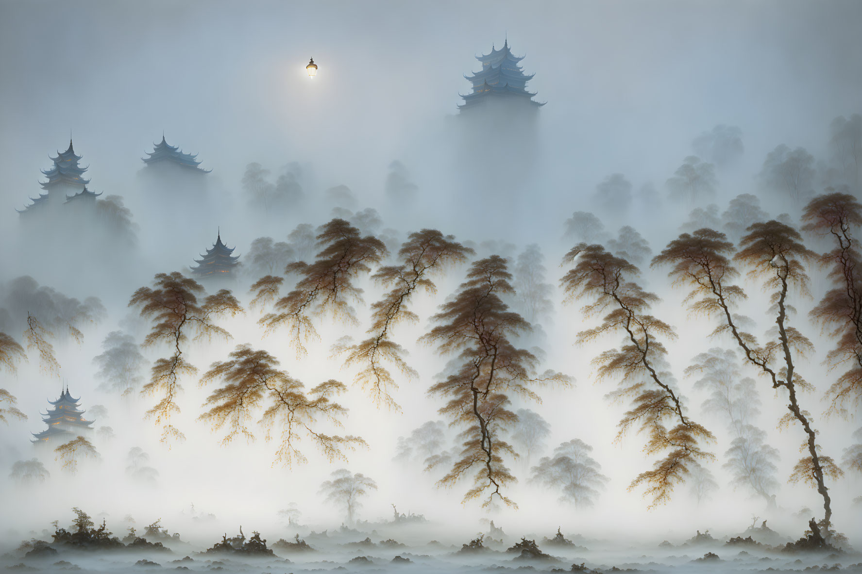 Mystical landscape with pagoda-style structures in foggy forest