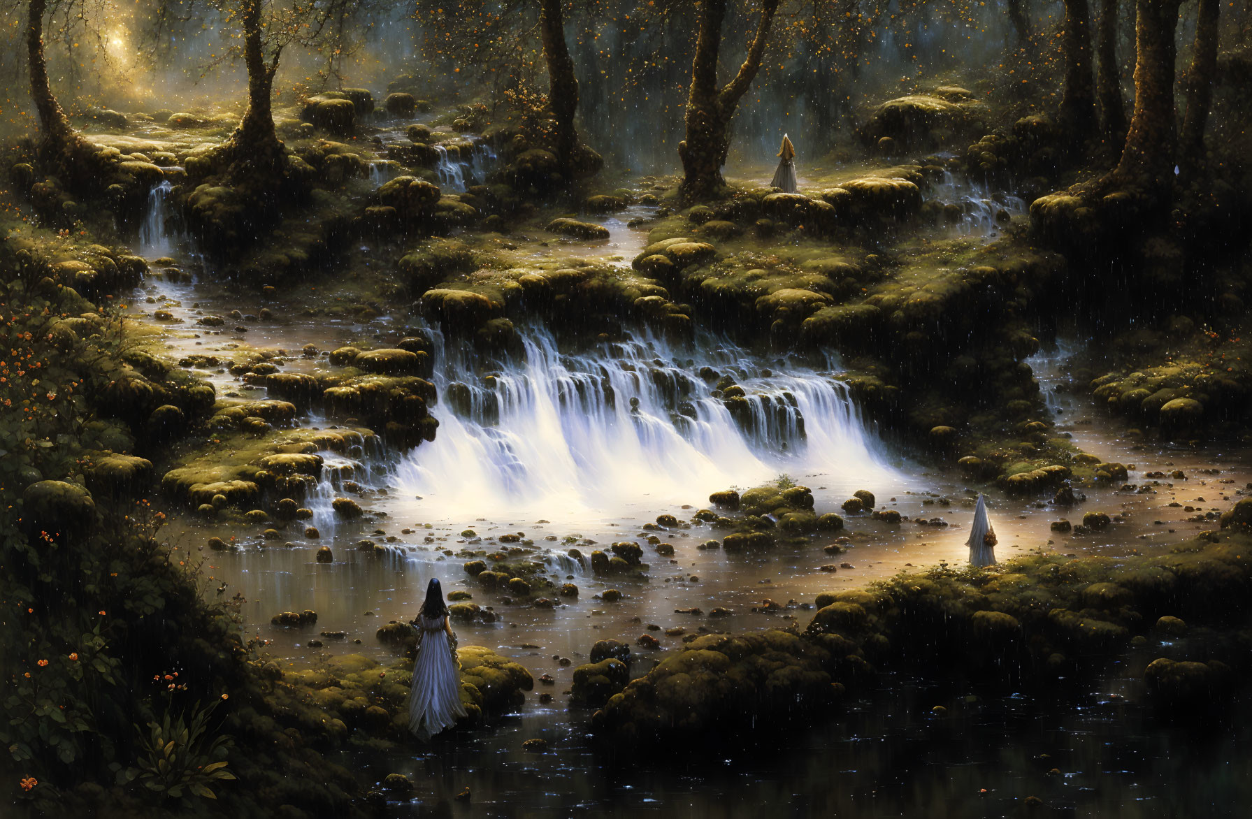 Fantasy forest scene with waterfall, greenery, and mystical figures