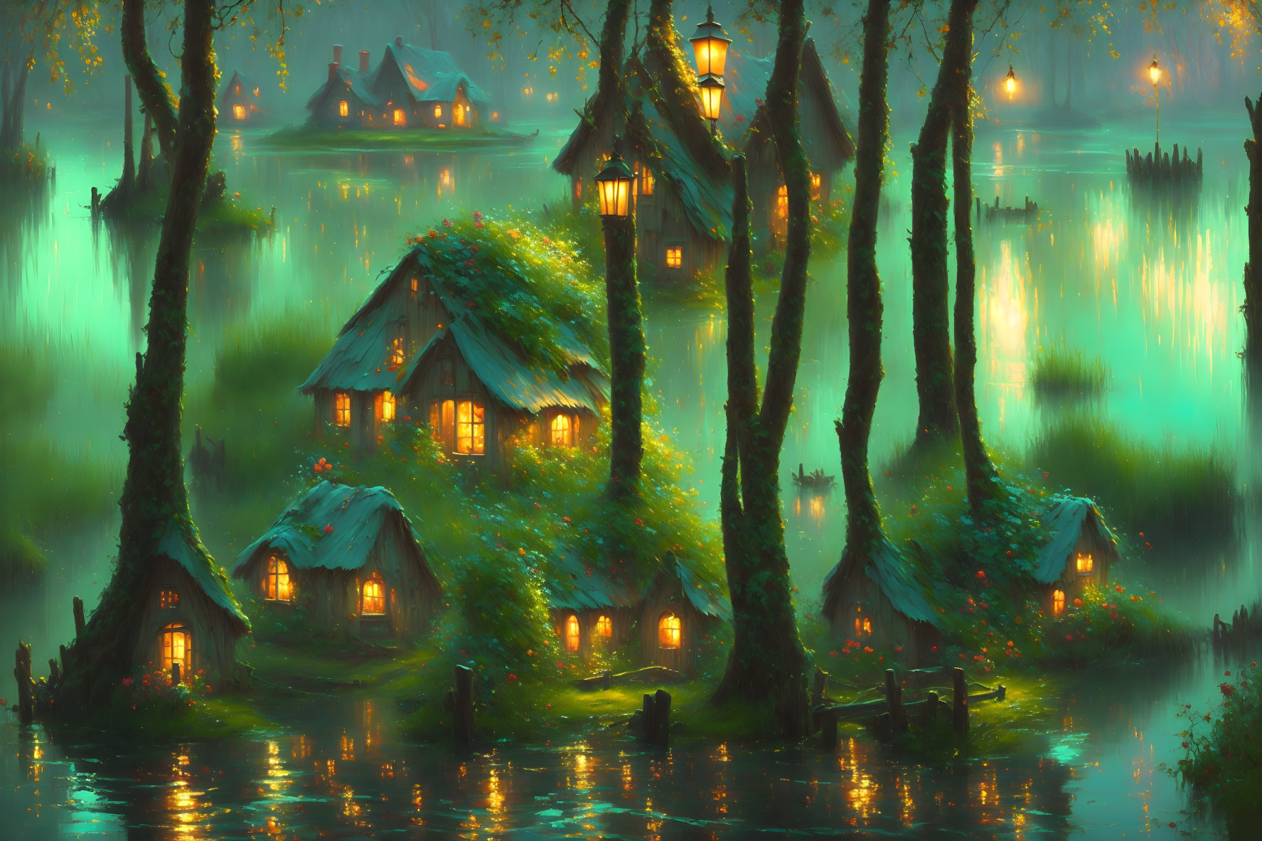 Mystical forest with cozy cottages, lanterns, and water reflections