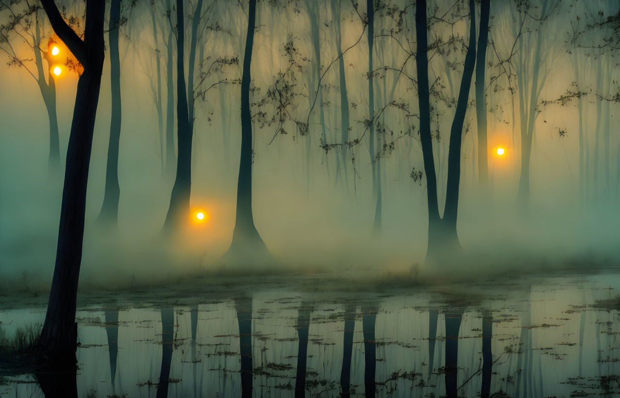 Ethereal misty landscape with silhouetted trees and glowing lights