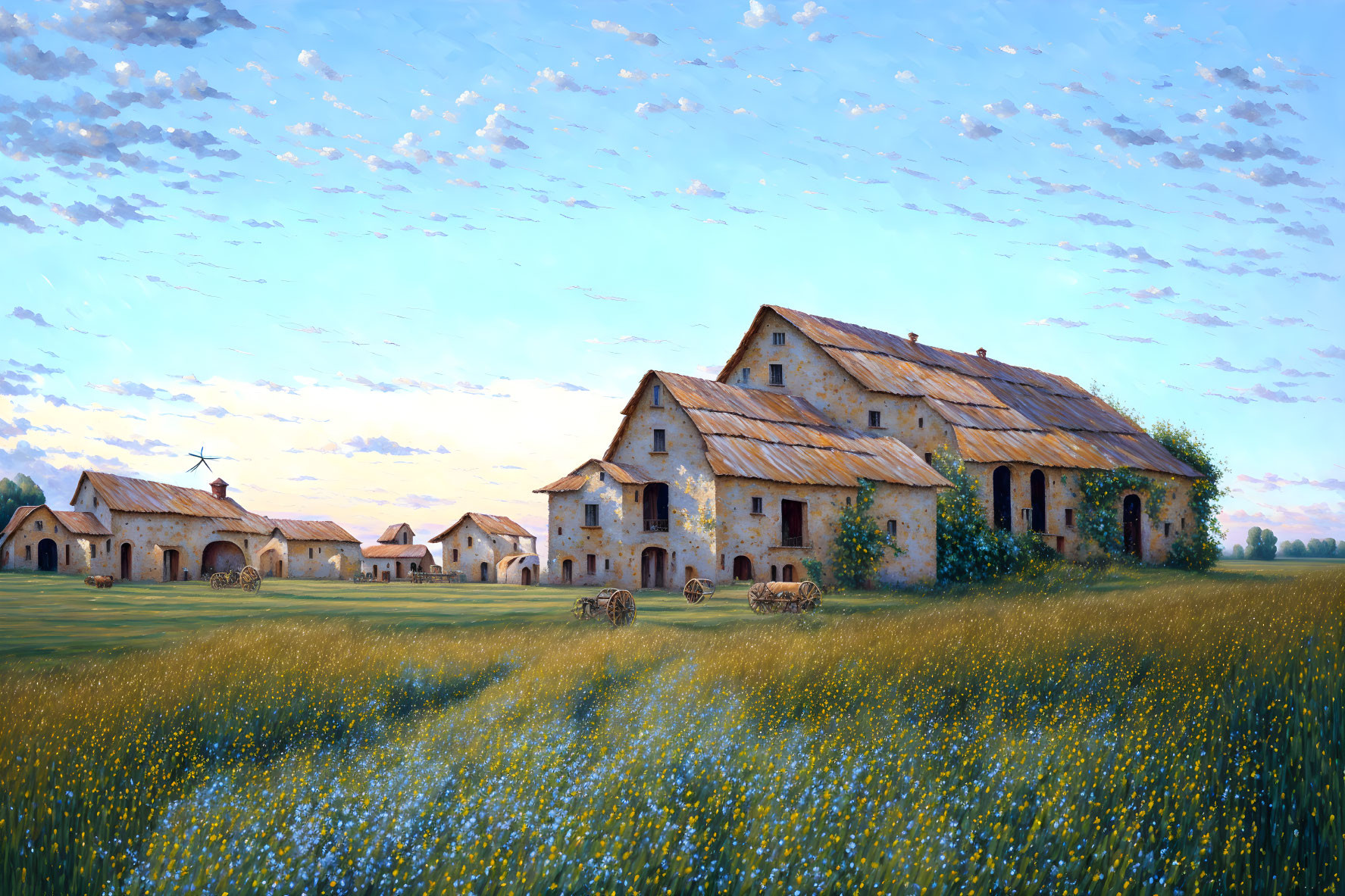 Tranquil field with rustic stone farmhouses and wildflowers at dawn or dusk