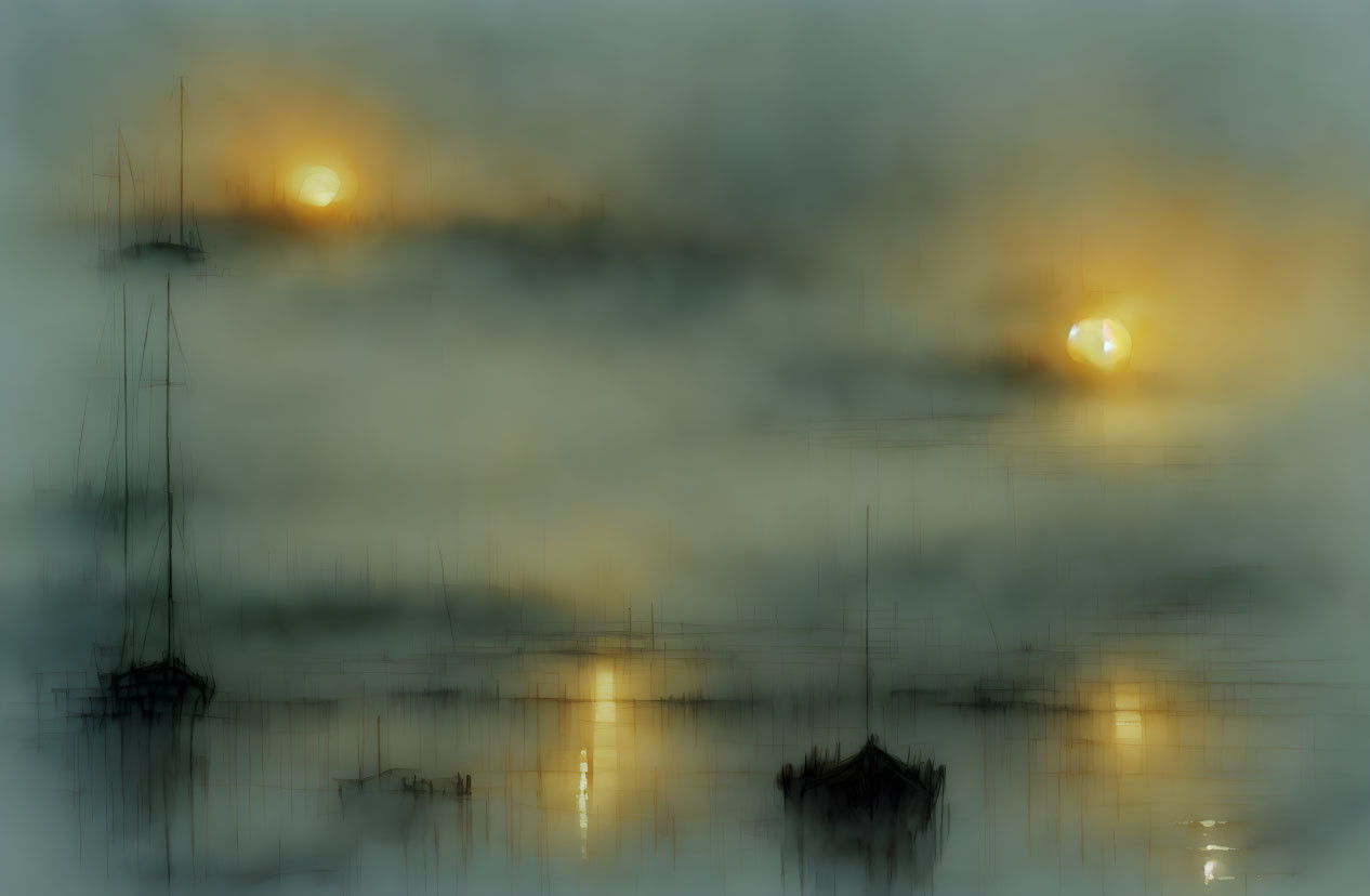 Ethereal foggy harbor with sailboats and glowing reflections