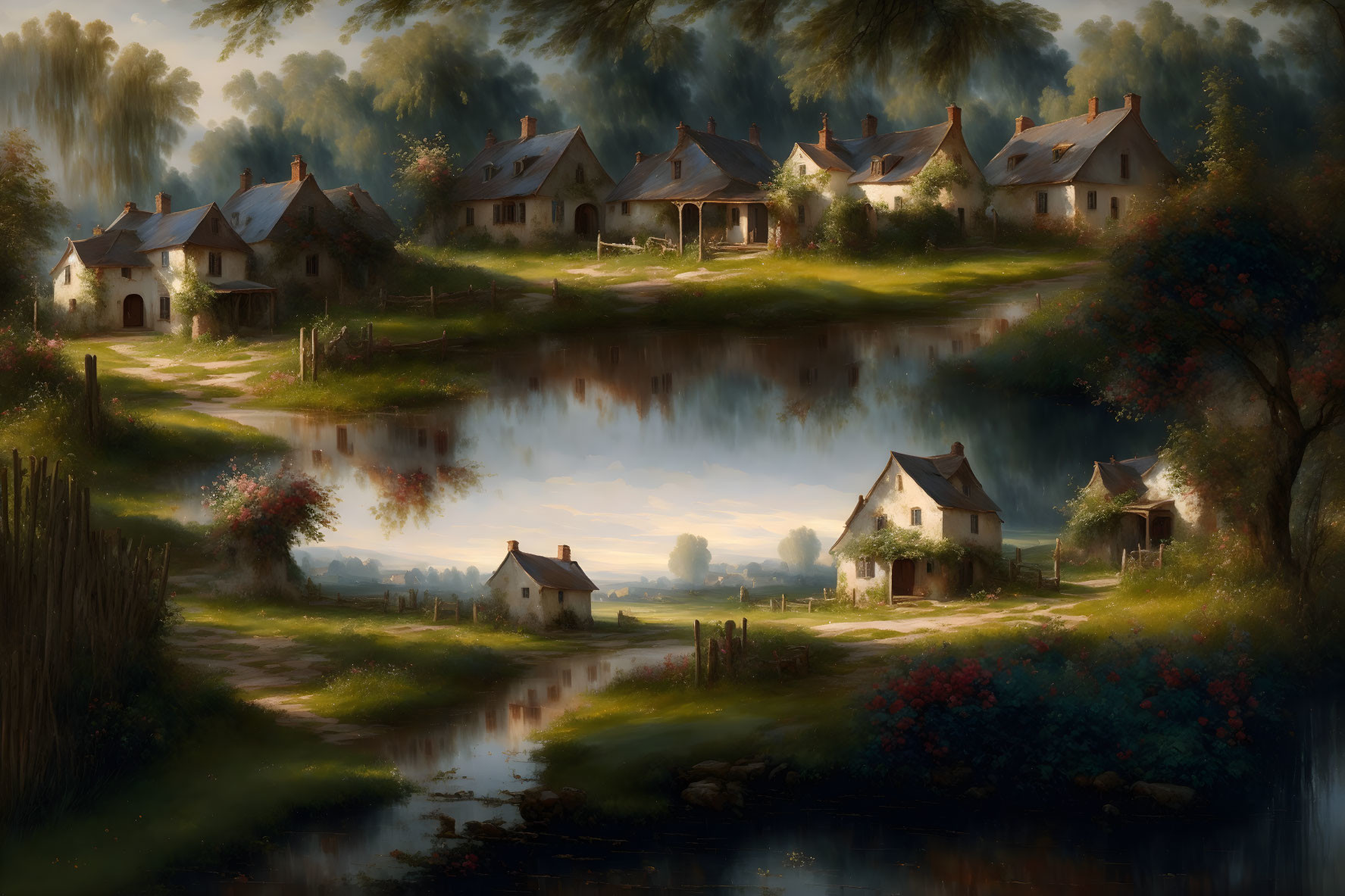 Tranquil rural landscape with thatched-roof cottages by reflective river