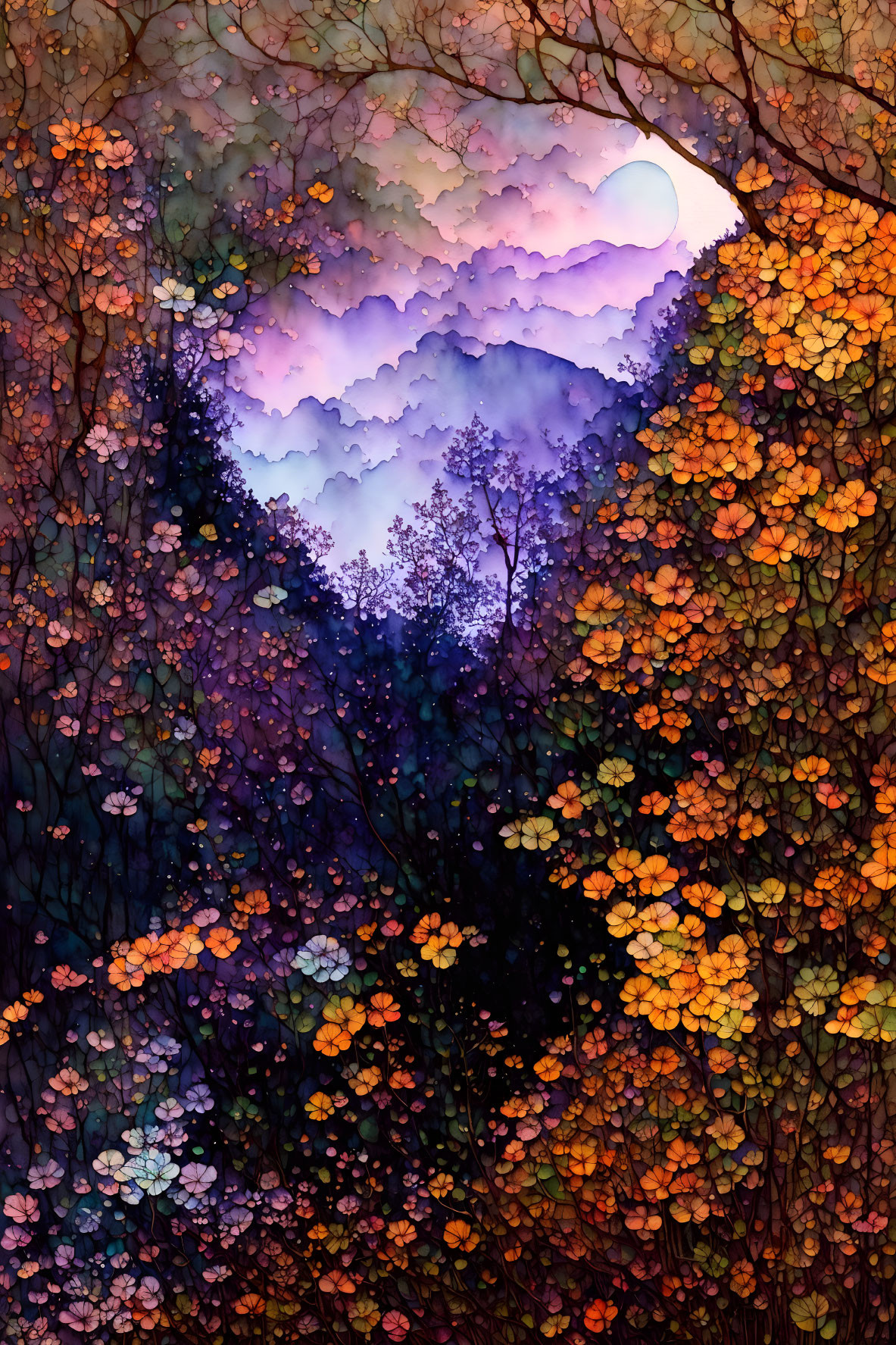 Colorful forest painting with dreamy sunset through dense foliage