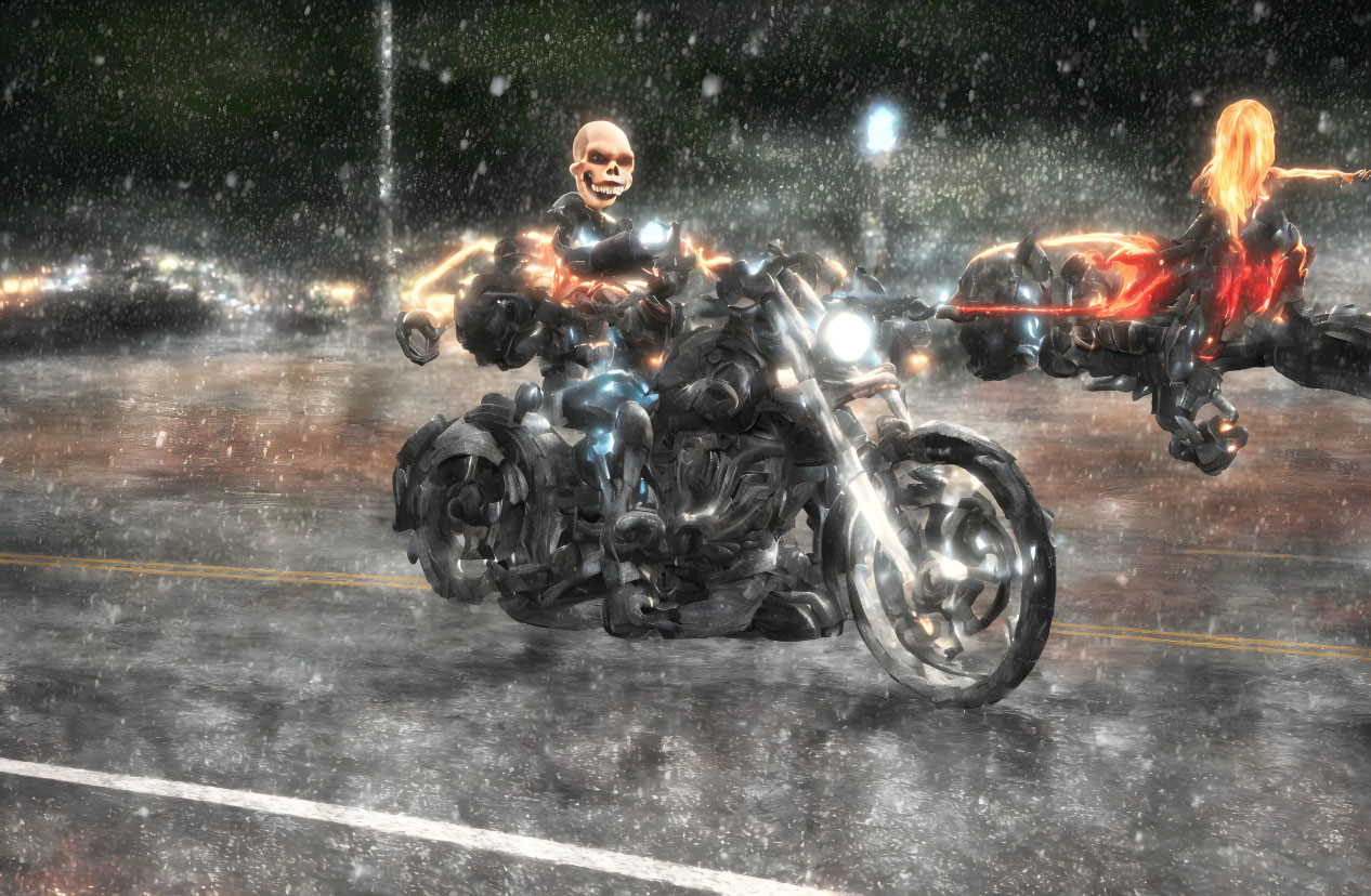 Nighttime motorcycle race in heavy rain with skeletal rider & fiery effects