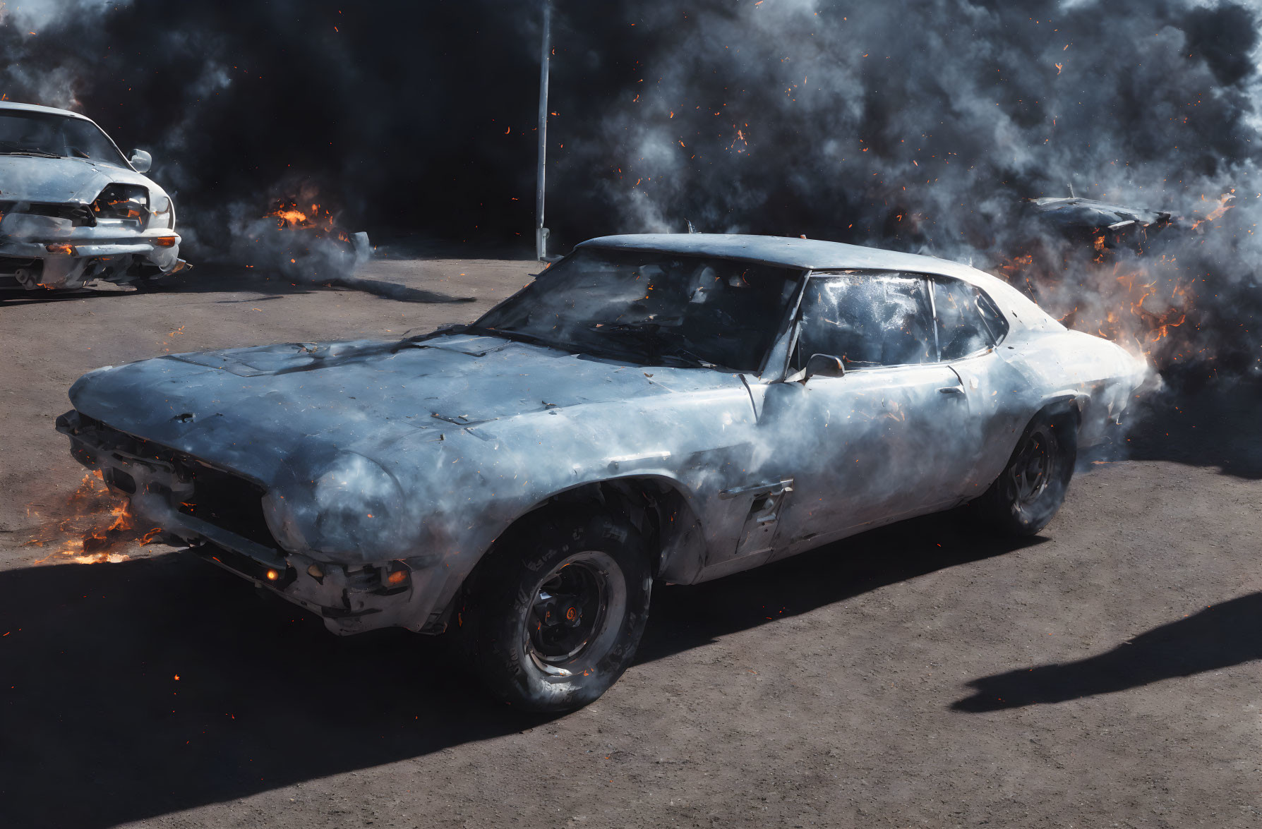 Vintage car engulfed in flames in deserted parking area