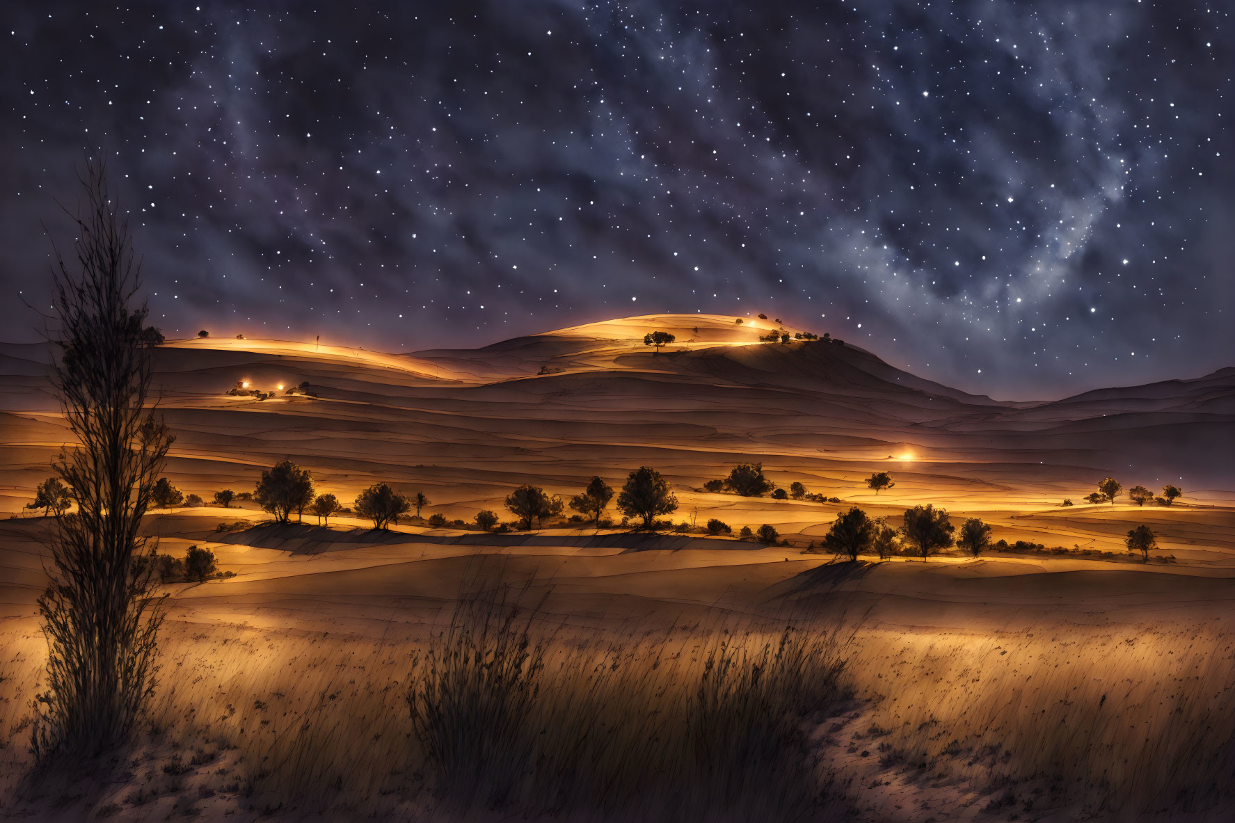 Scenic starry night sky over rolling hills and illuminated buildings