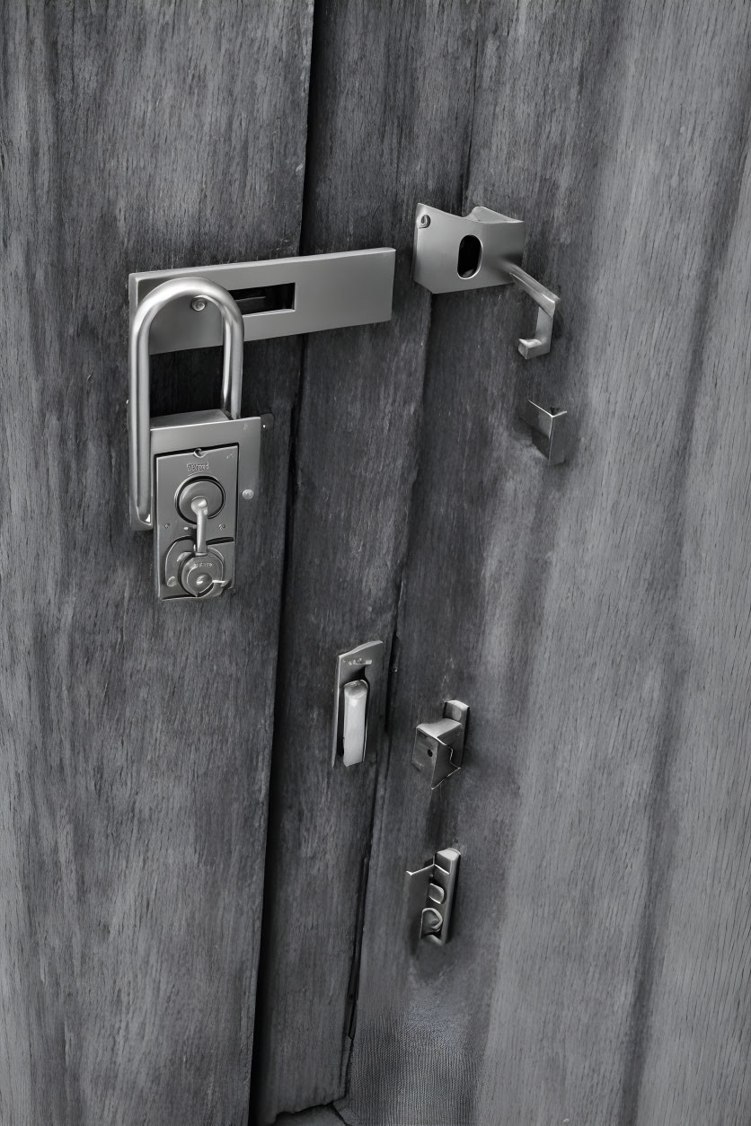 Metal latch and bolt lock on weathered wooden door with visible screws and keyhole