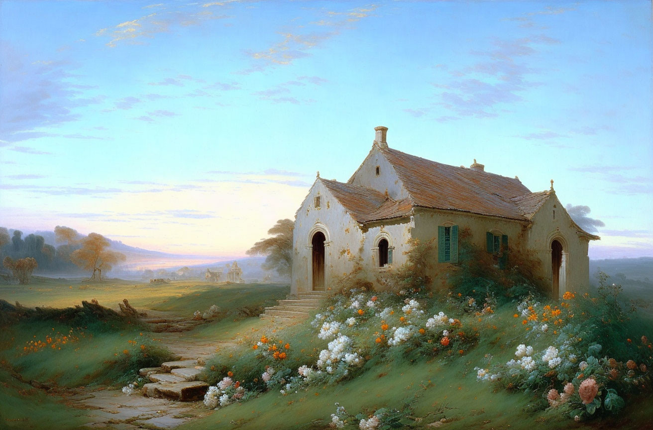 Tranquil countryside scene with blooming flowers and quaint house