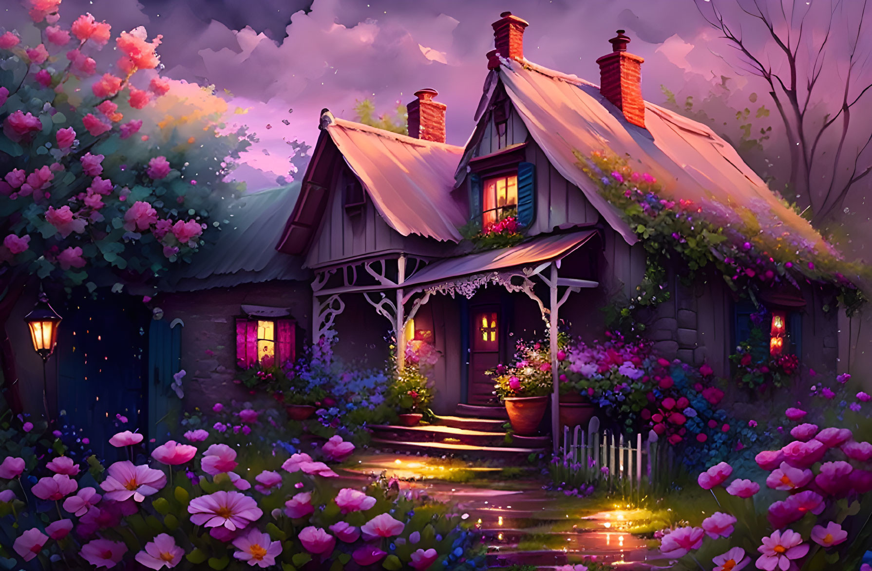 Twilight scene of cozy cottage with lush gardens