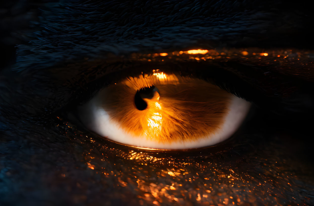 Detailed Close-Up of Cat's Eye Reflecting Warm Glowing Lights