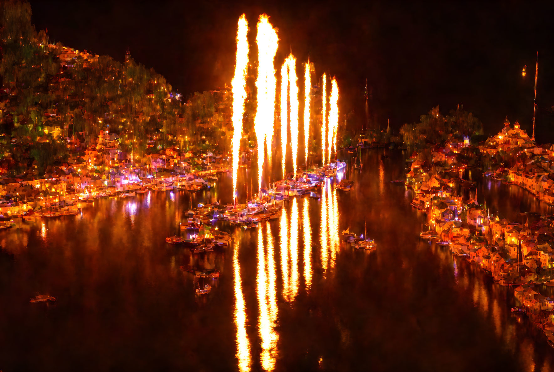 Night scene with fireworks reflected on water, boats, and illuminated buildings.