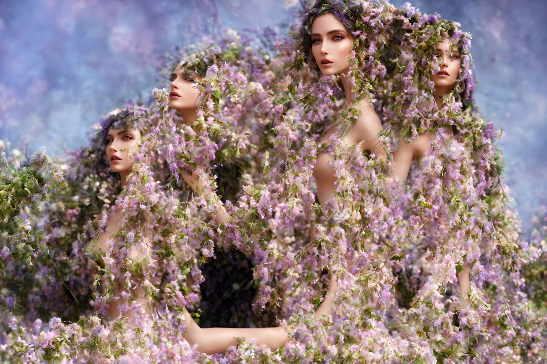 Ethereal women with purple flowers on dreamy blue backdrop