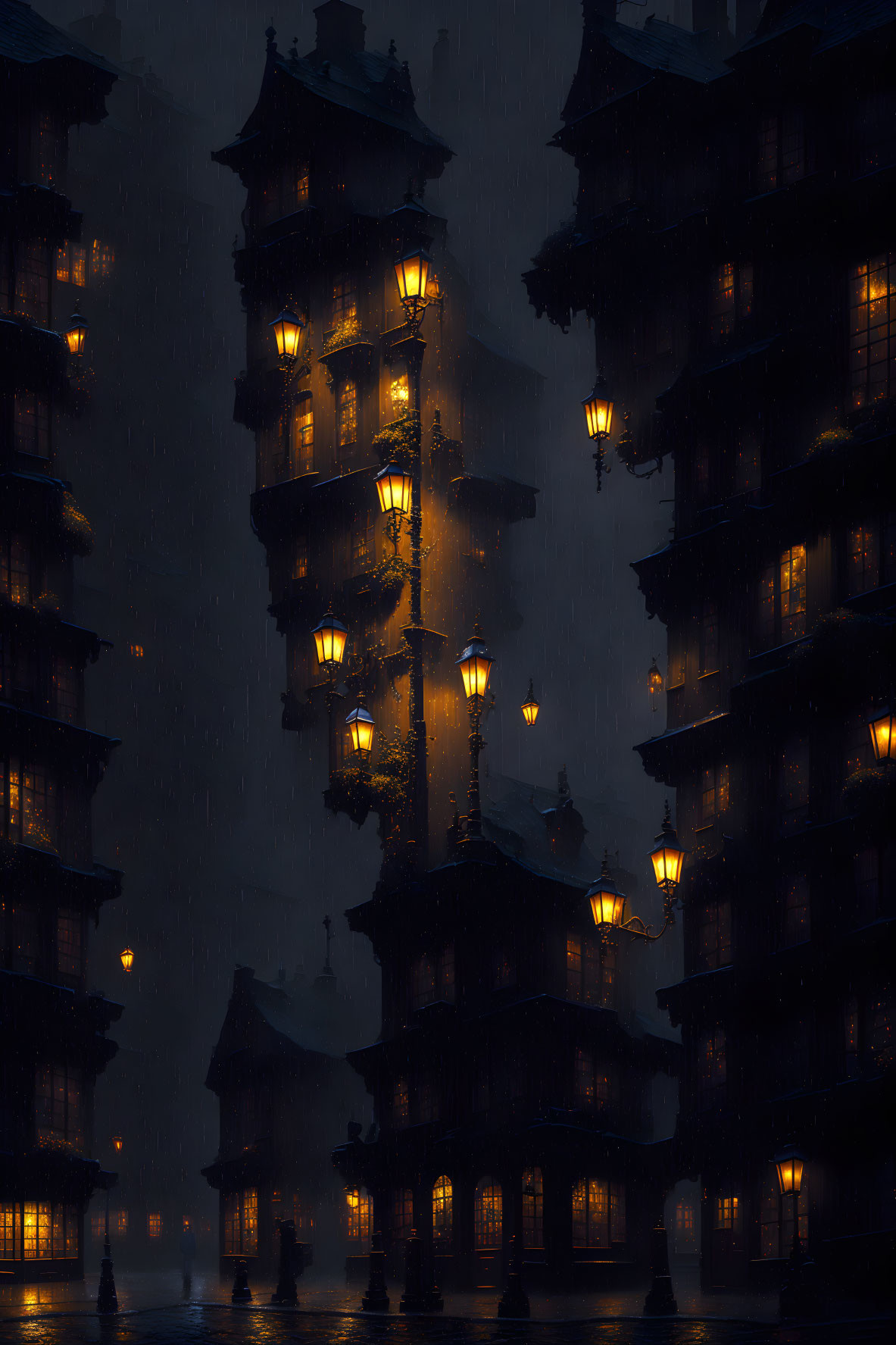 Traditional multi-story buildings in mystical rain-soaked scene with hanging lanterns.