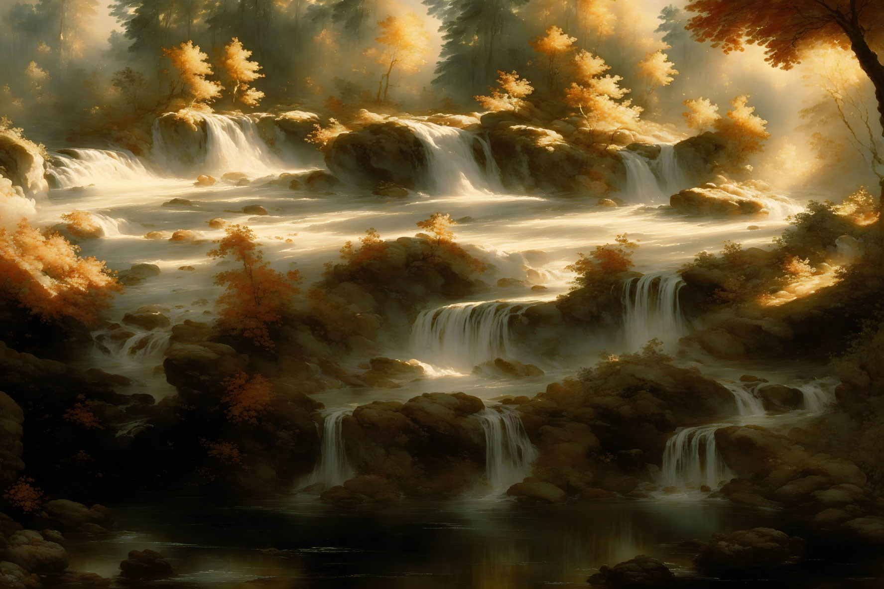 Tranquil autumn landscape with waterfalls, golden trees, mist, and calm waters