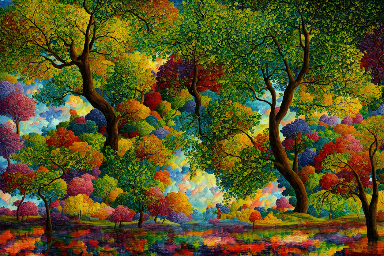 Colorful Autumn Forest and River Scene with Blue Sky