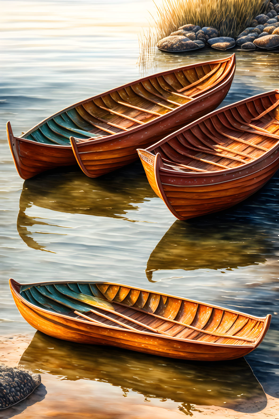 Wooden boats floating on calm water with reflections against reeds and stones