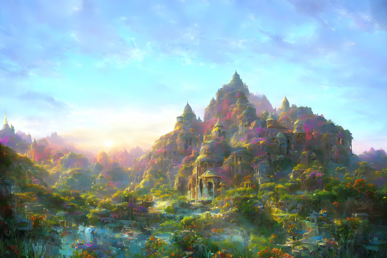 Vibrant flora, waterfalls, and ancient temples in a fantastical landscape