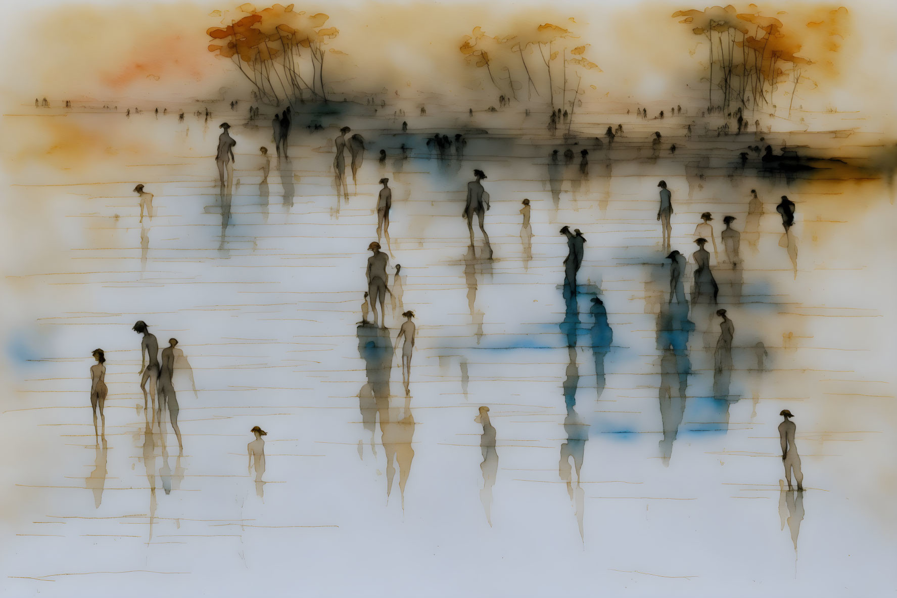 Abstract painting: Silhouetted figures, water reflection, autumn trees