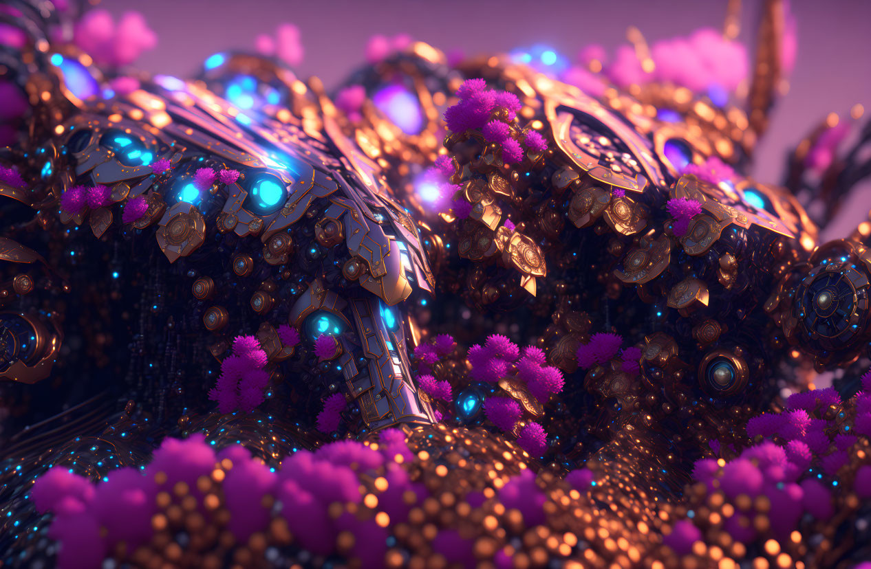 Detailed digital artwork: Mechanical structures with gold textures, blue lights, and purple floral accents