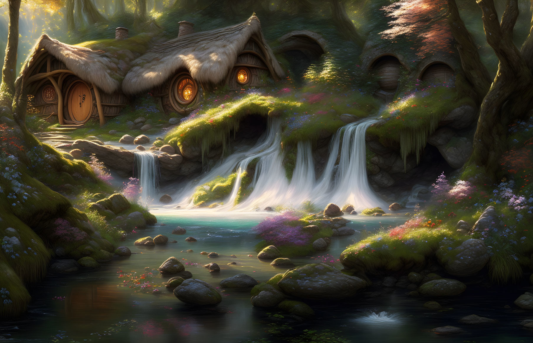 Tranquil hobbit-style village by serene river and waterfall