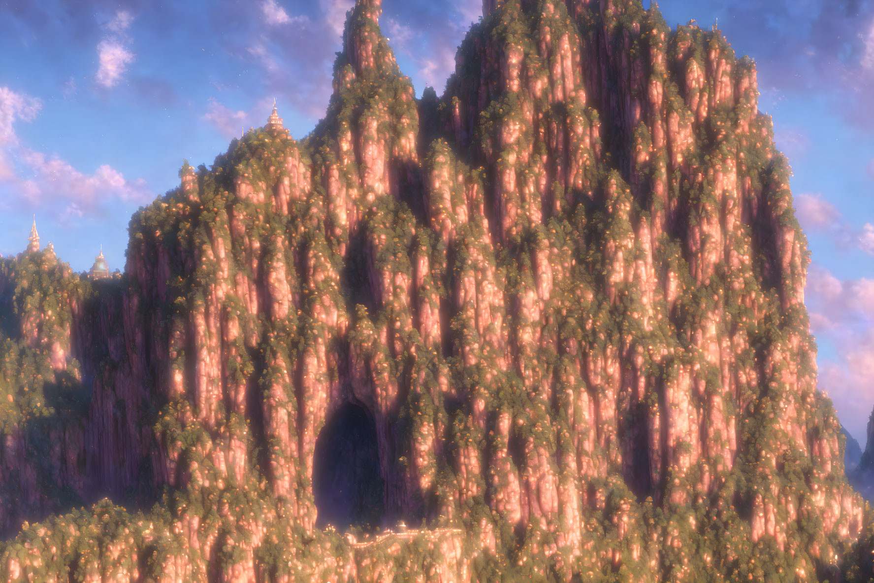 Pink-hued cliffs and verdant trees in a fantastical mountain landscape