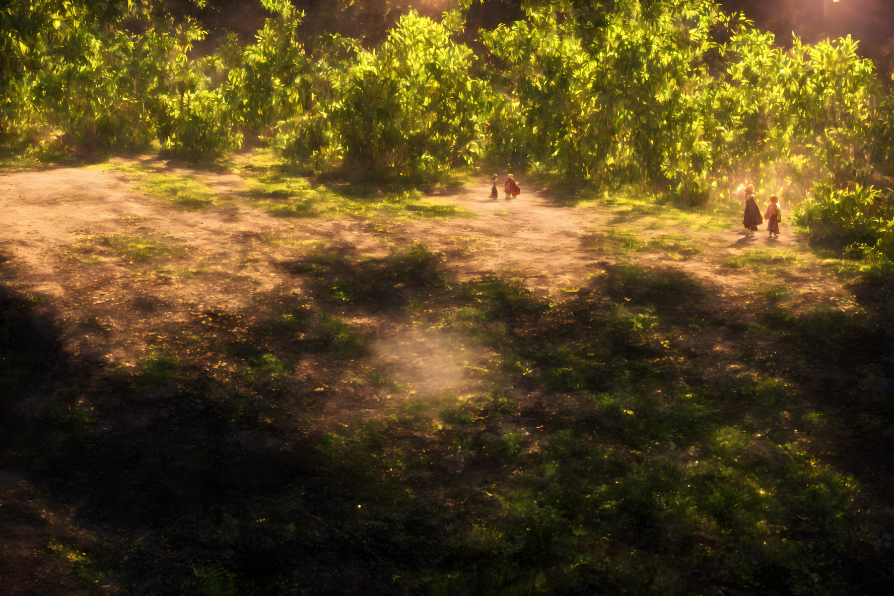 Forest clearing with two small figures under sunbeams