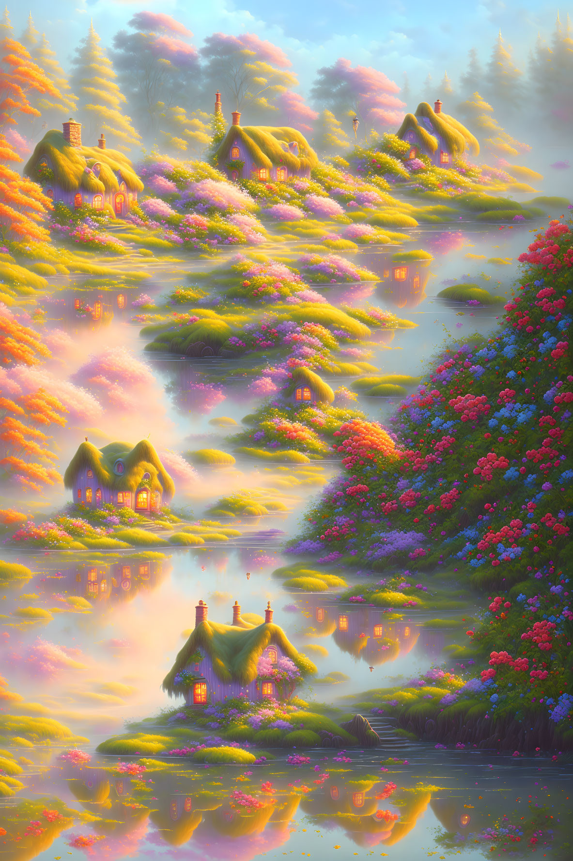 Vibrant flora and whimsical cottages in sunset landscape