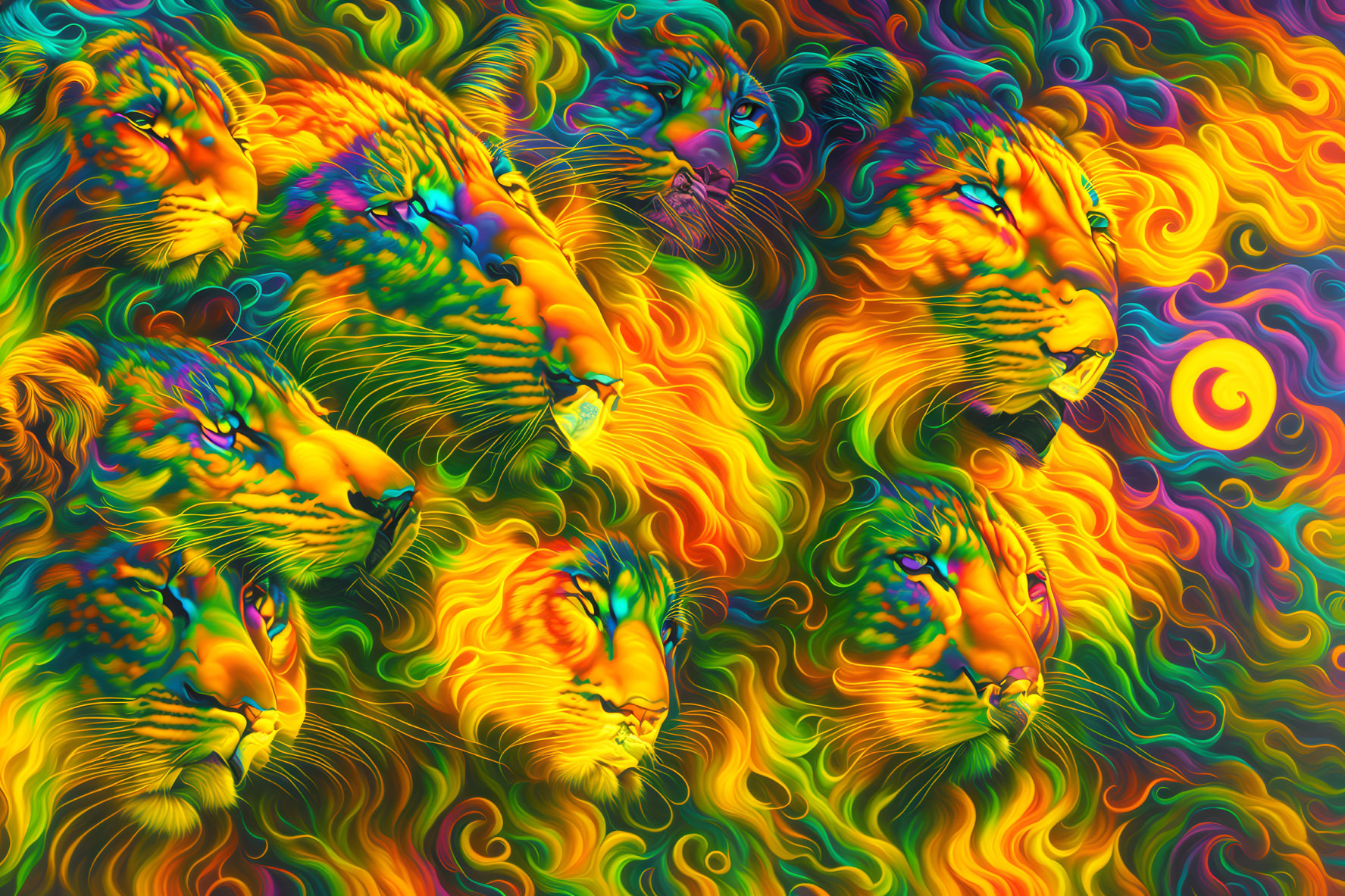 Colorful Psychedelic Lion Faces on Abstract Background