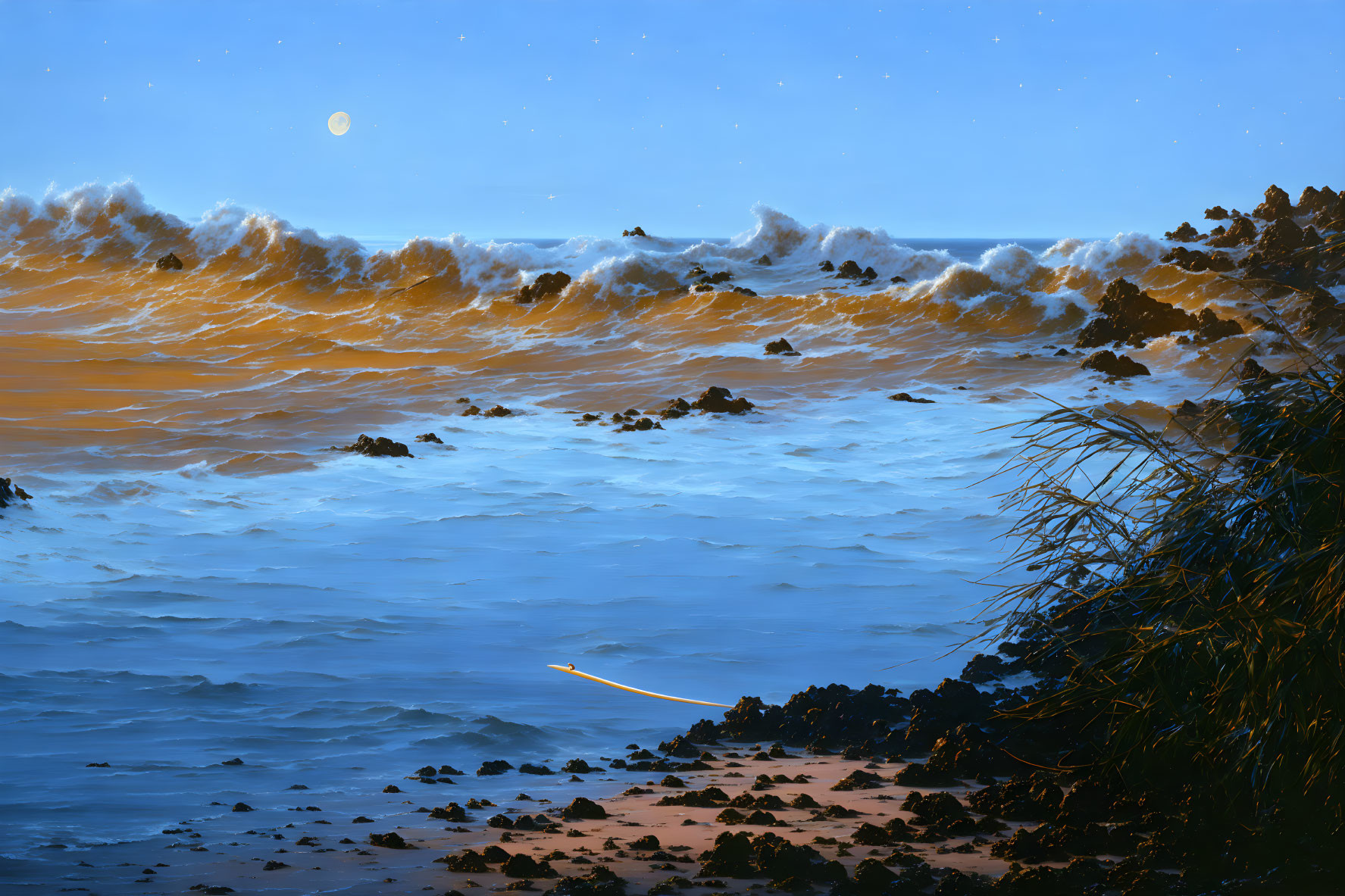 Tranquil beach scene at dusk with moon, shooting star, and rocks