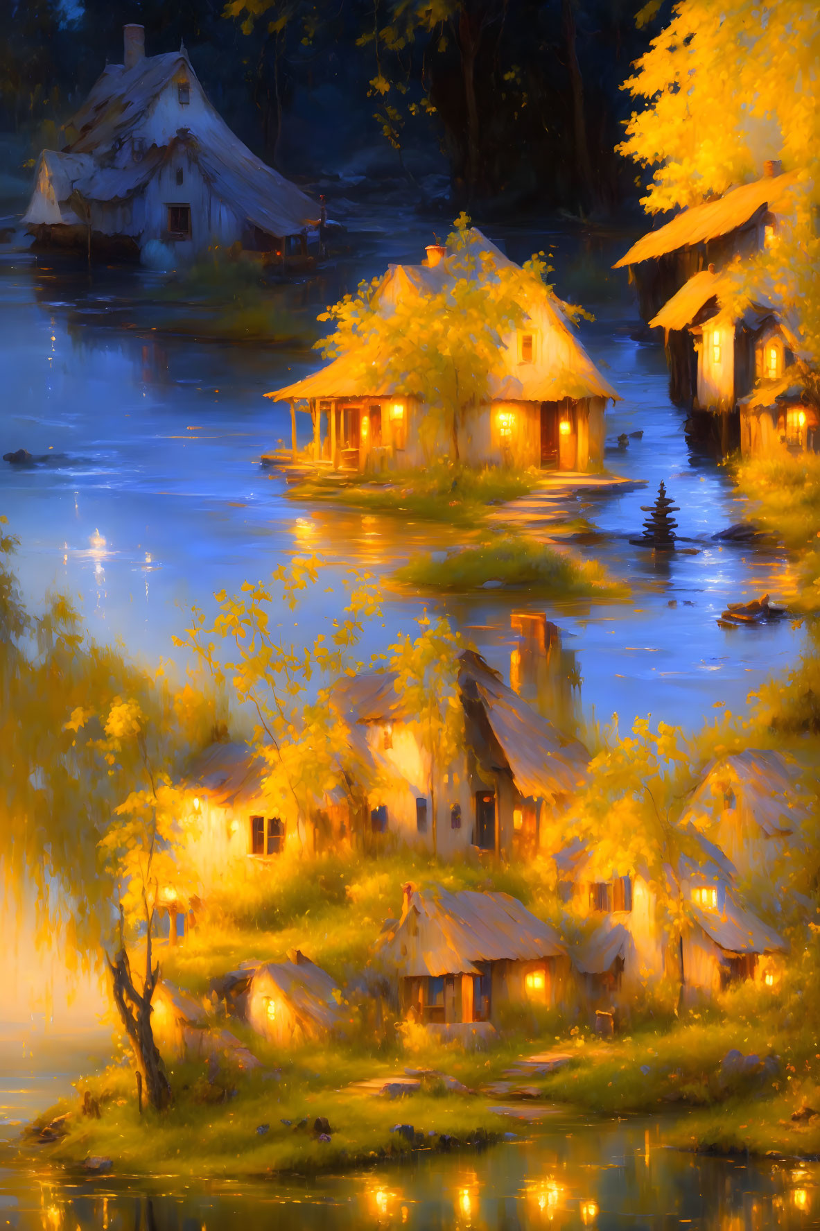 Serene village at twilight reflected in tranquil waters