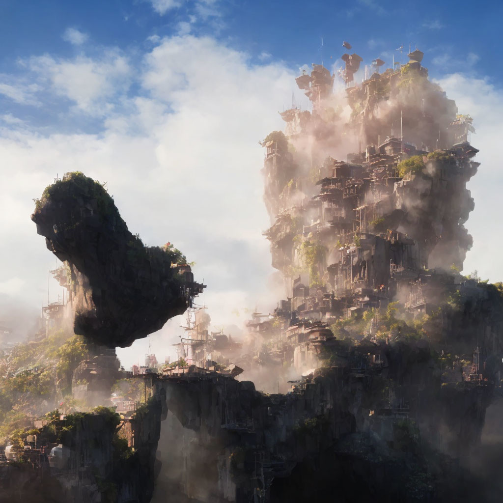 Majestic rock formations and ancient buildings in a mysterious landscape