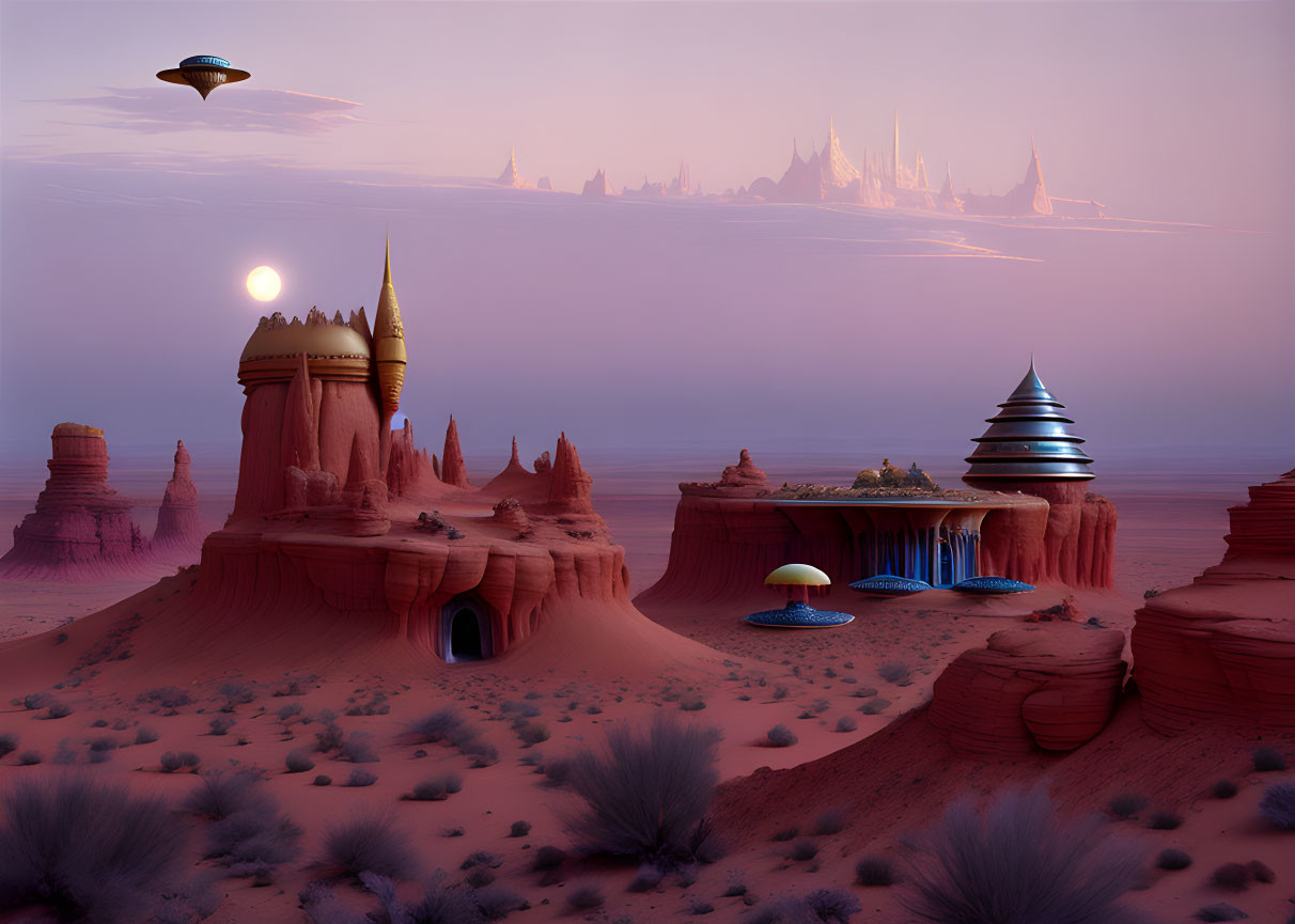 Surreal desert landscape: sandstone formations, castle, futuristic buildings, flying saucer