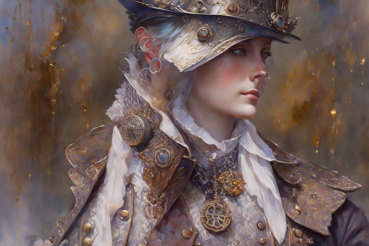 Pale-skinned person in steampunk attire with metallic gears and ruffled collar