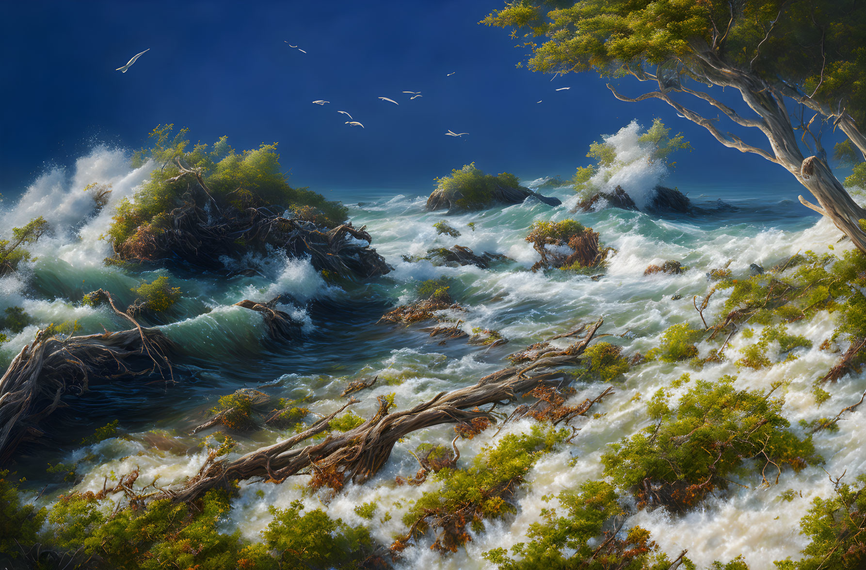 Dramatic seascape with powerful waves and lush greenery