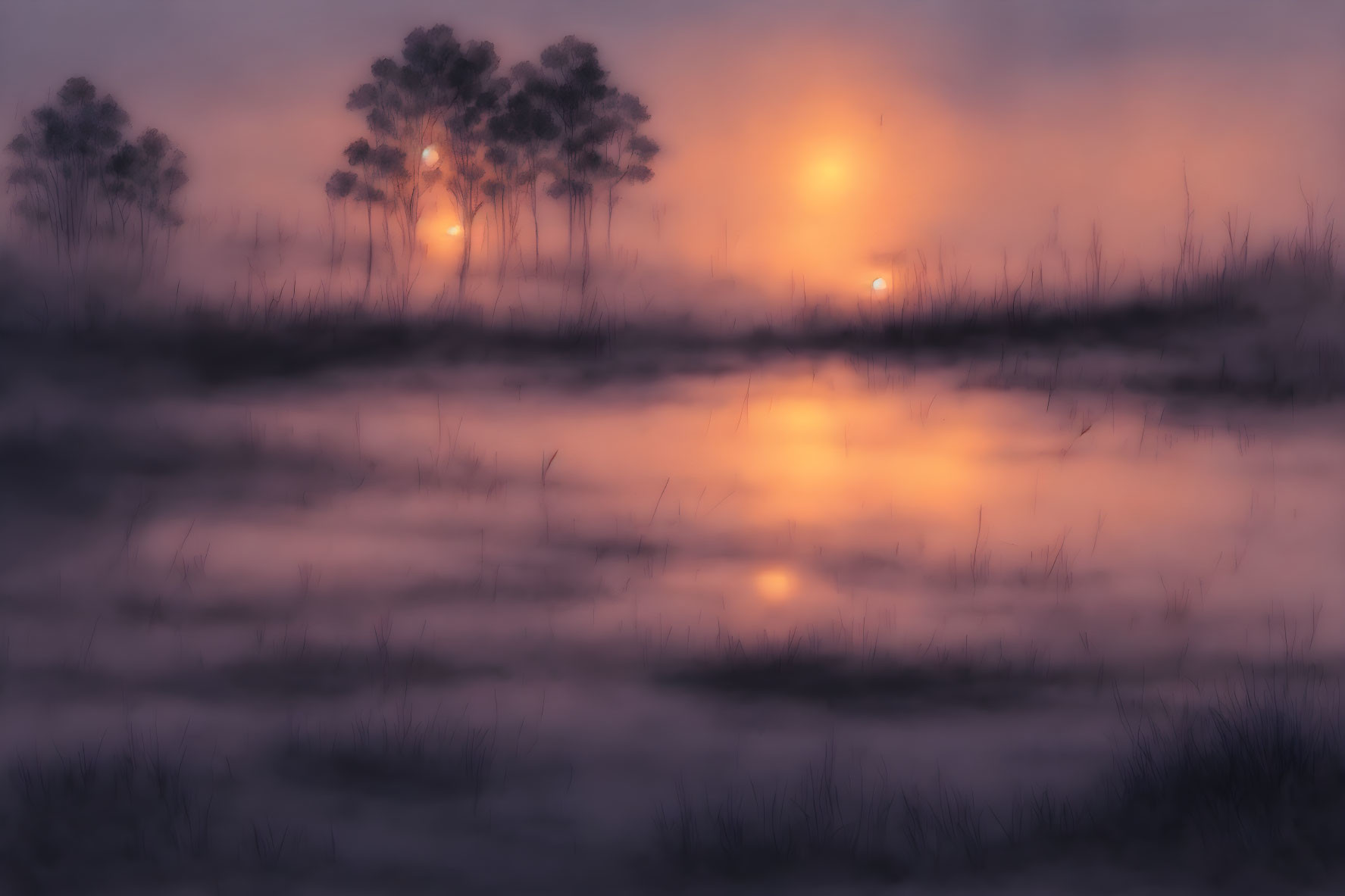 Blurred sunset with tree silhouettes and water reflection