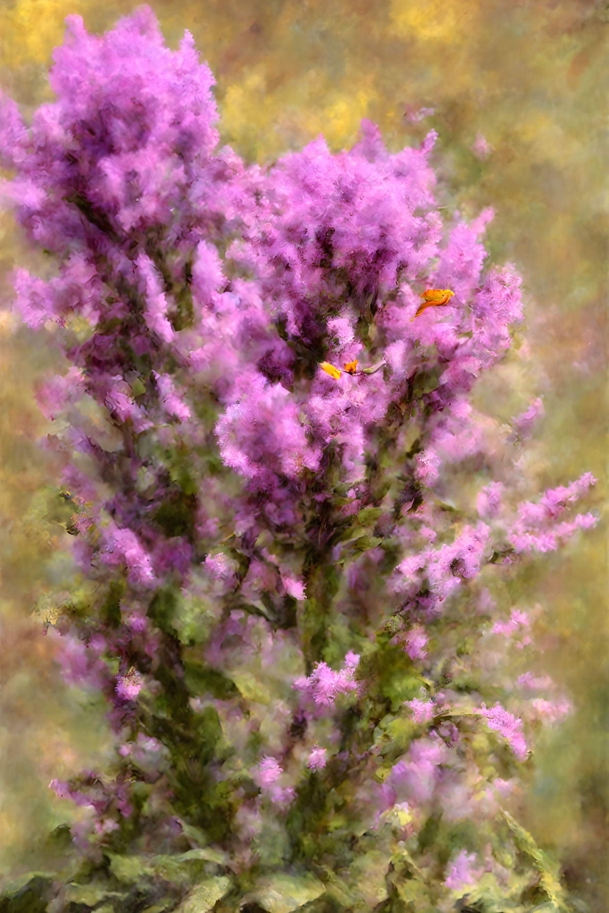 Vibrant purple flowering bush in Impressionist style