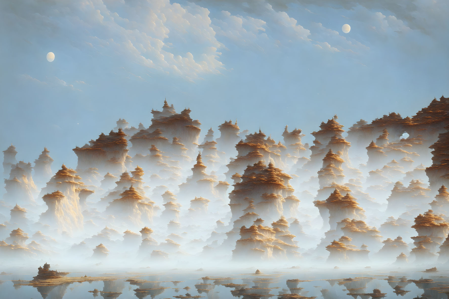 Tranquil landscape with floating rock formations and dual moons