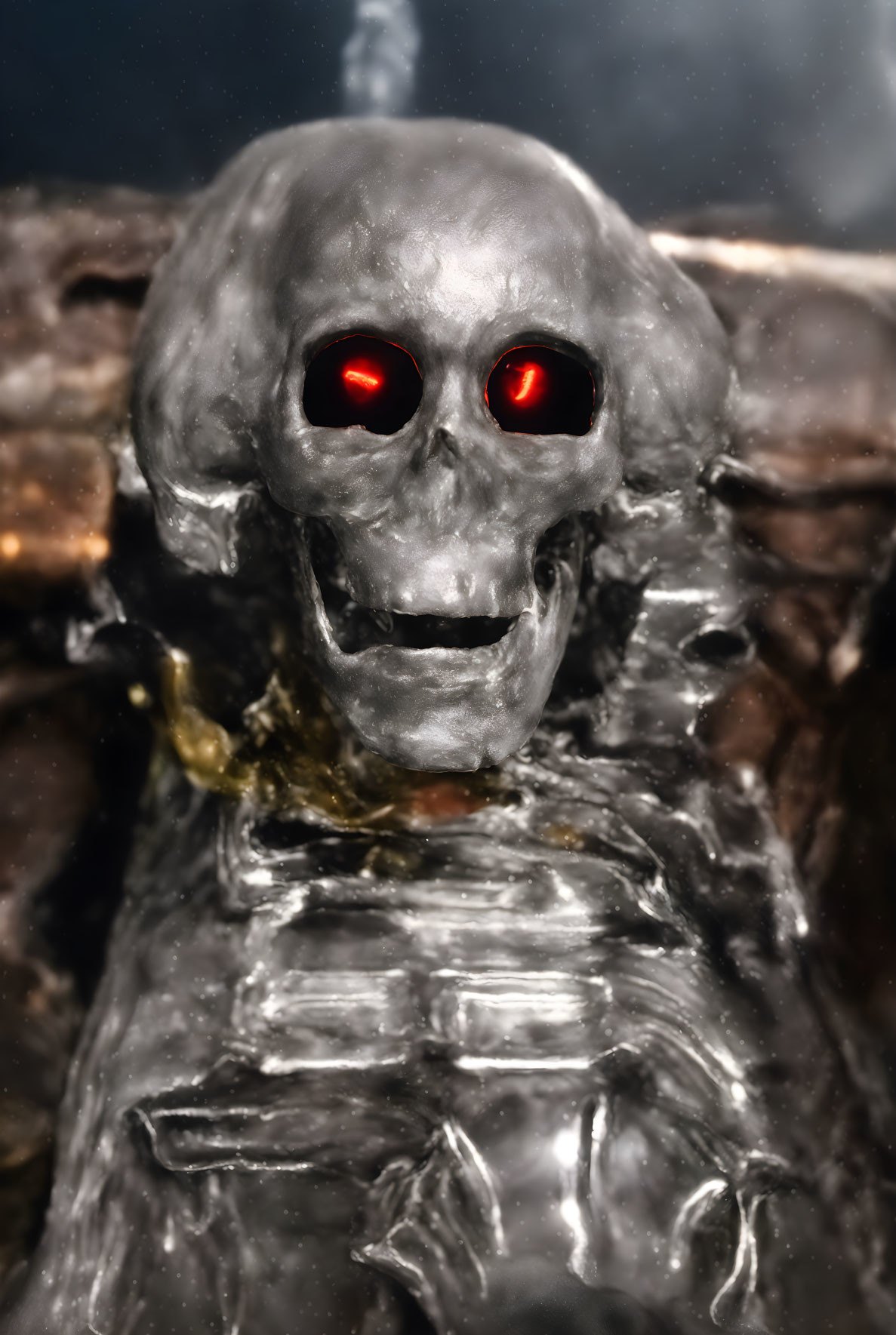 Metallic skeleton with glowing red eyes embedded in rocky surface