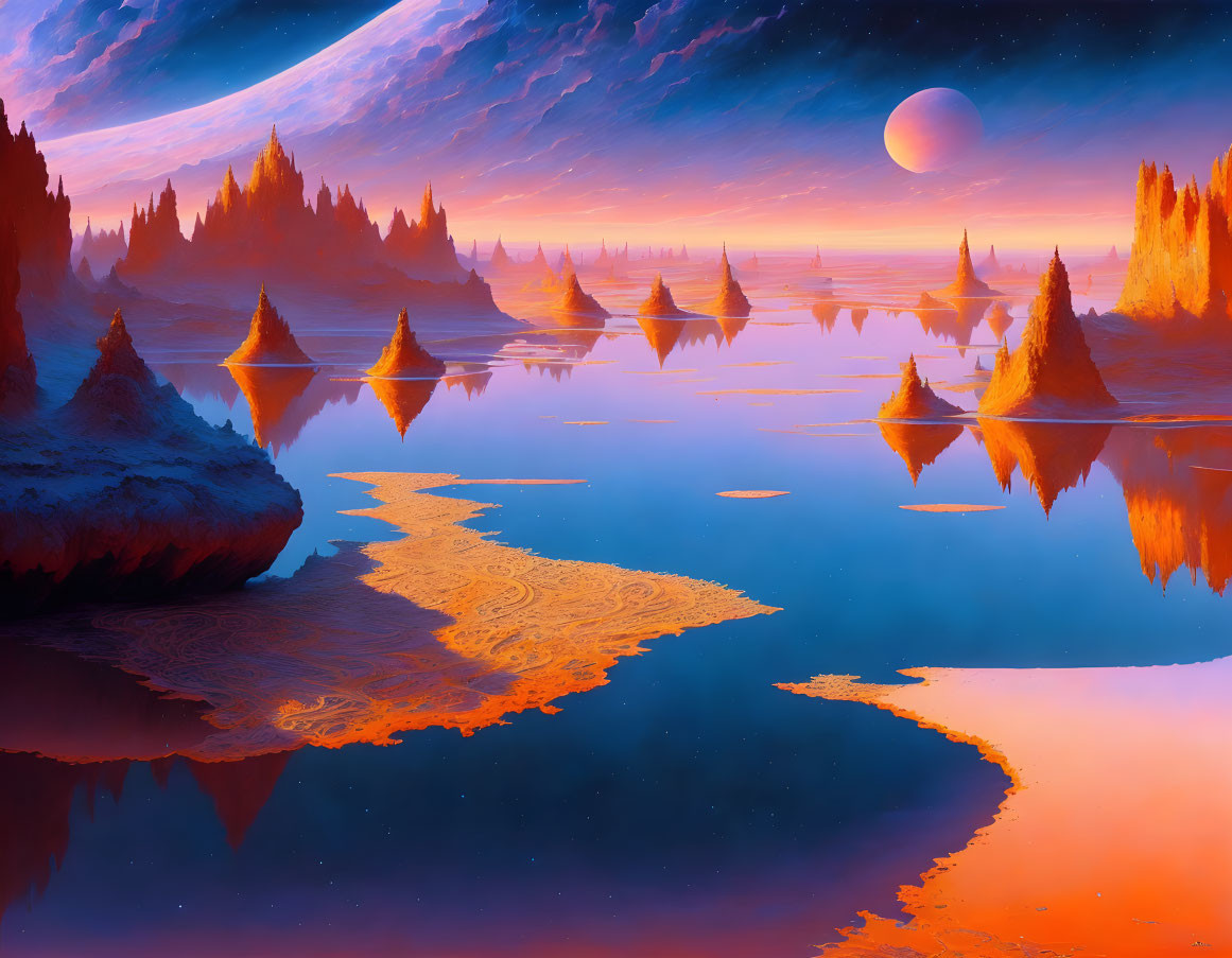 Alien landscape with cone-shaped mountains and large moon