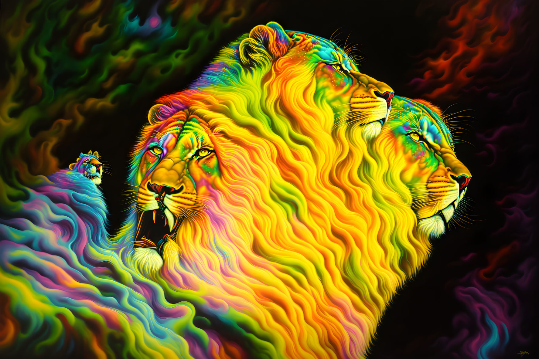 Colorful digital art featuring three lions with vibrant manes on abstract background