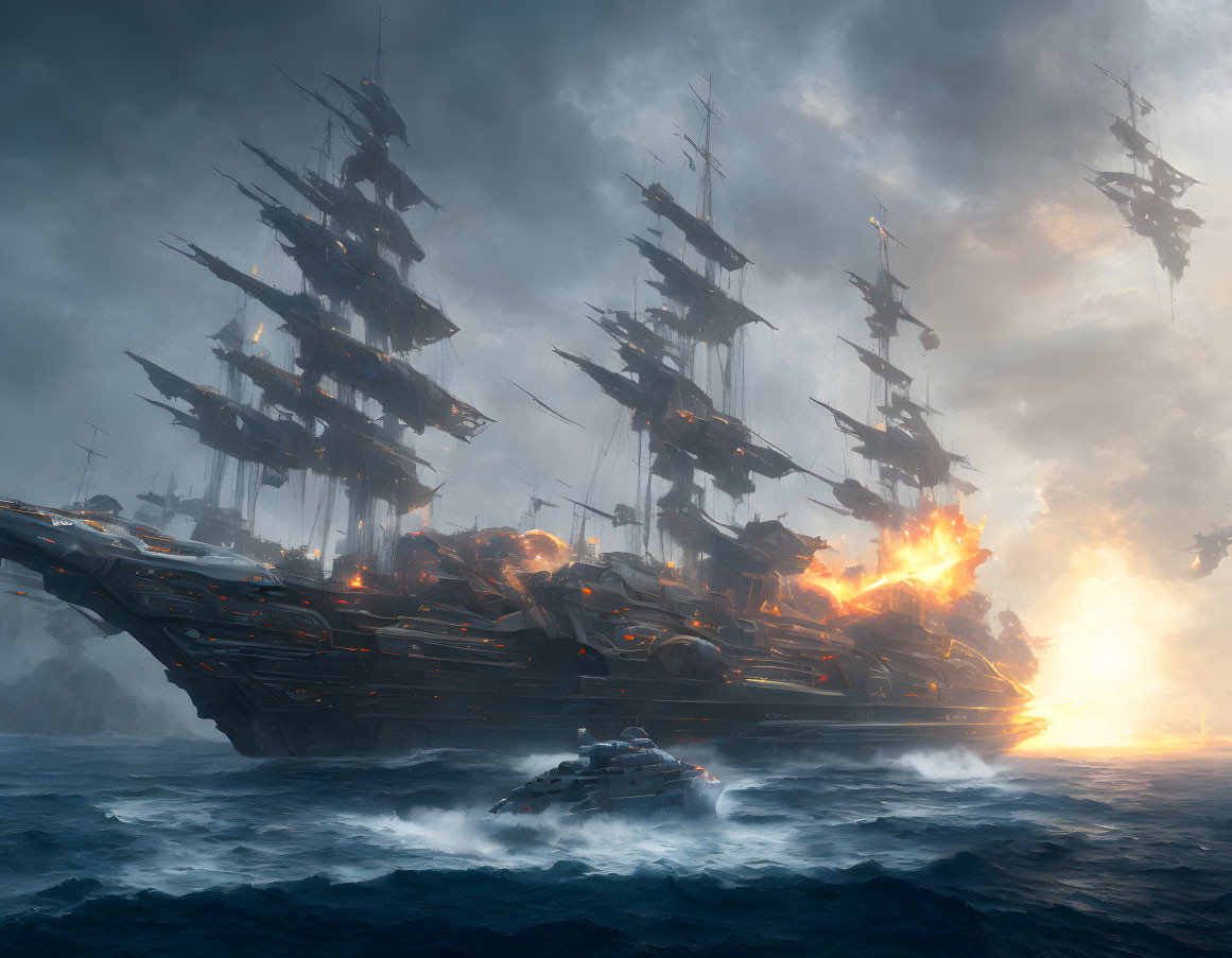 Burning sailing ships above stormy seas