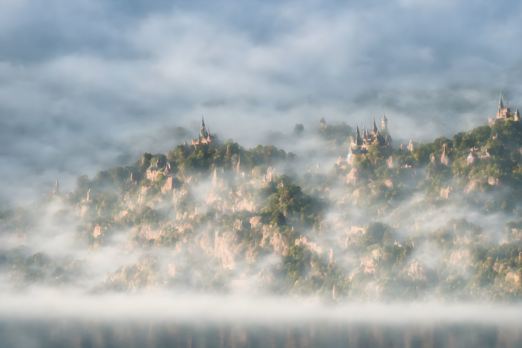 Ethereal light on misty landscape with pagodas above clouds