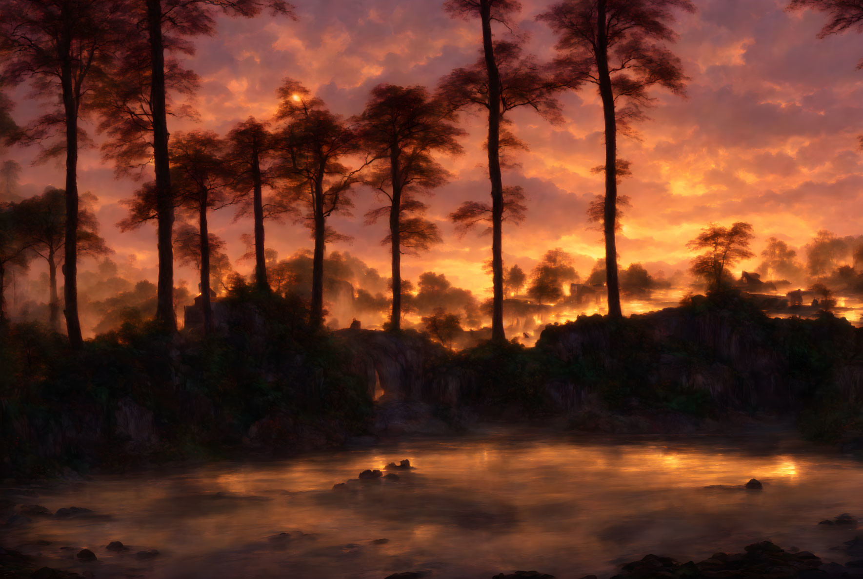 Tranquil landscape with tall trees, sunset sky, misty forest, and river