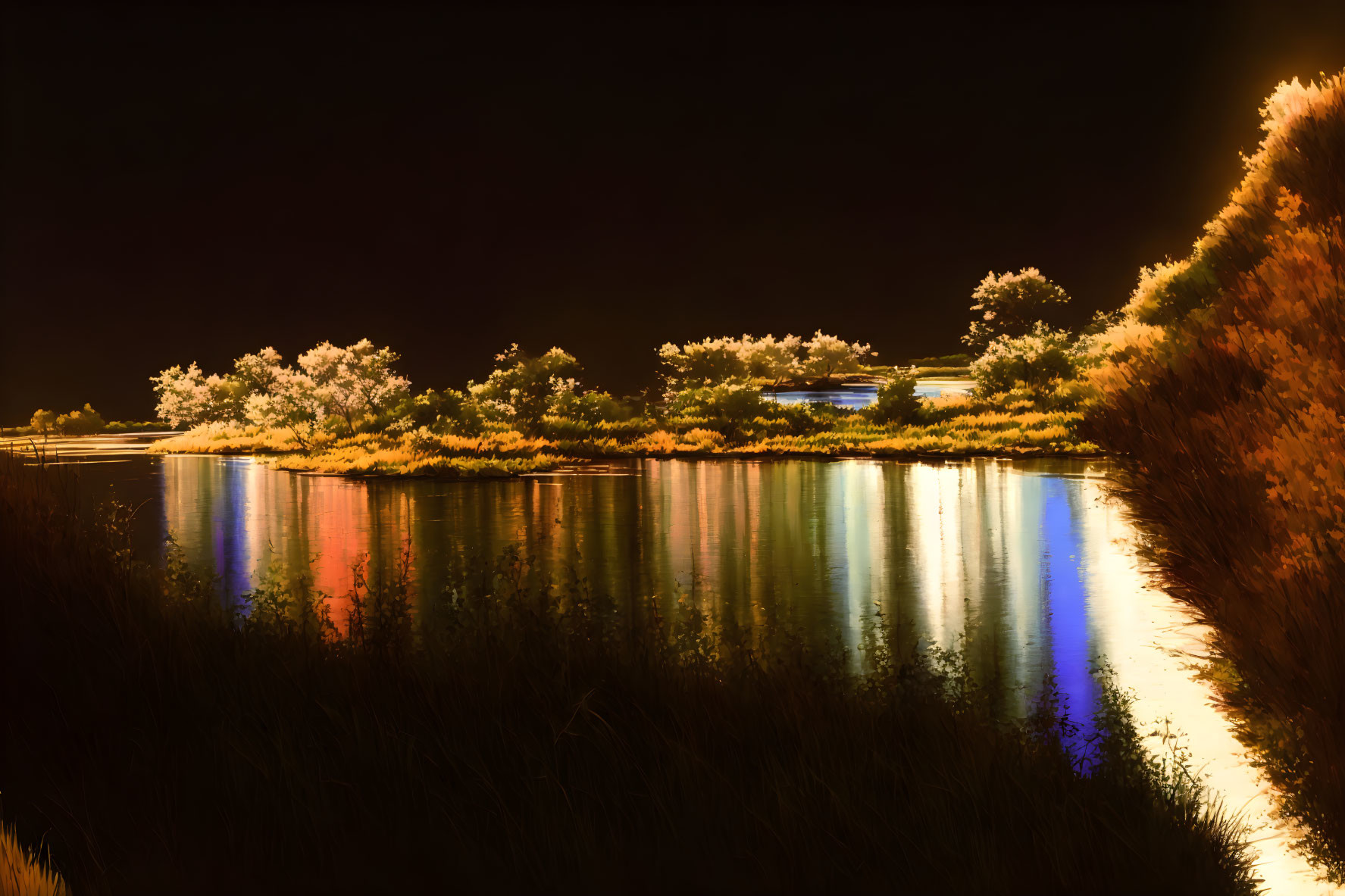 Night Scene: Illuminated Trees and Shrubs Reflecting in Calm River