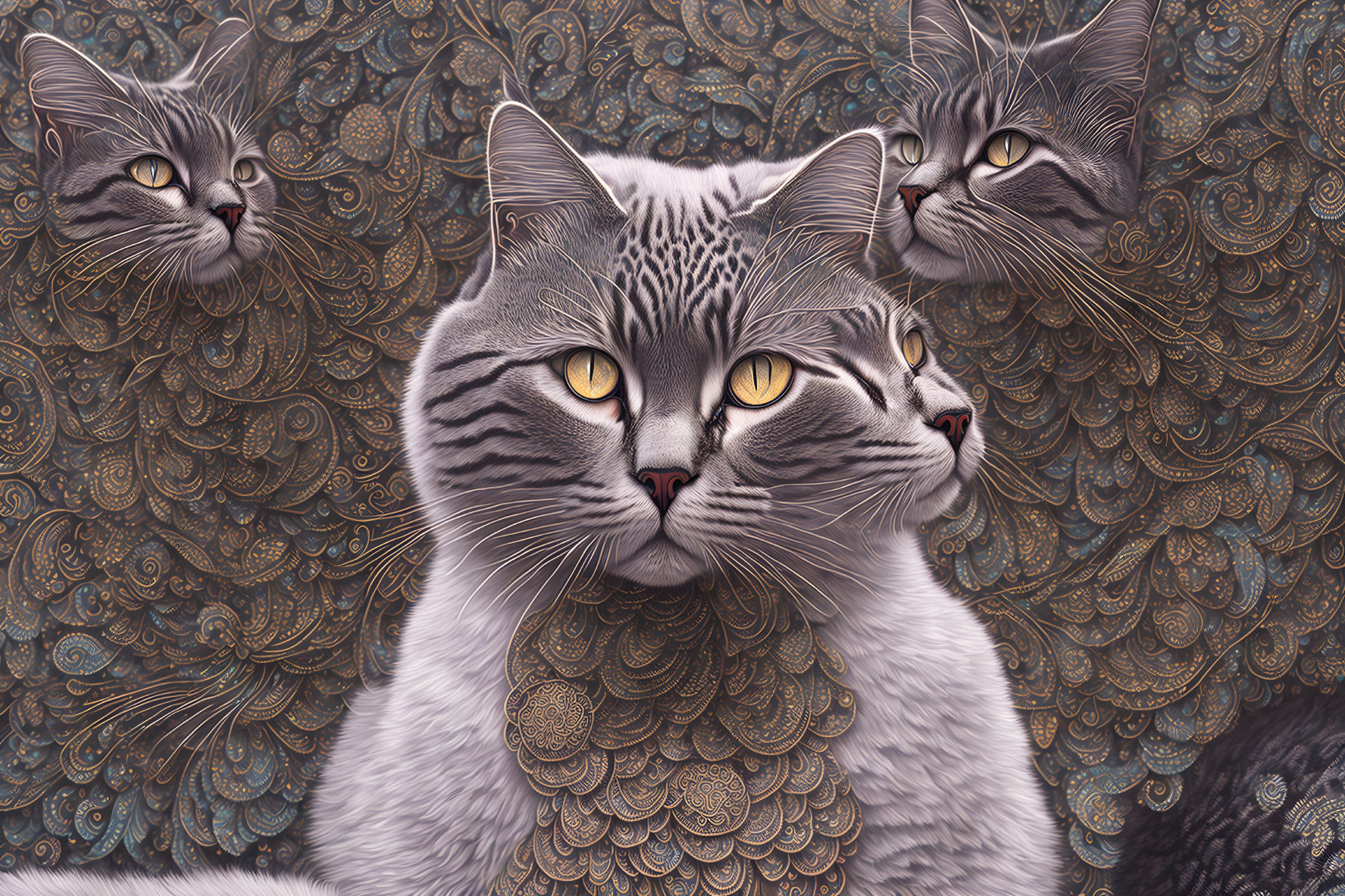 Grey Tabby Cats with Yellow Eyes on Paisley Background