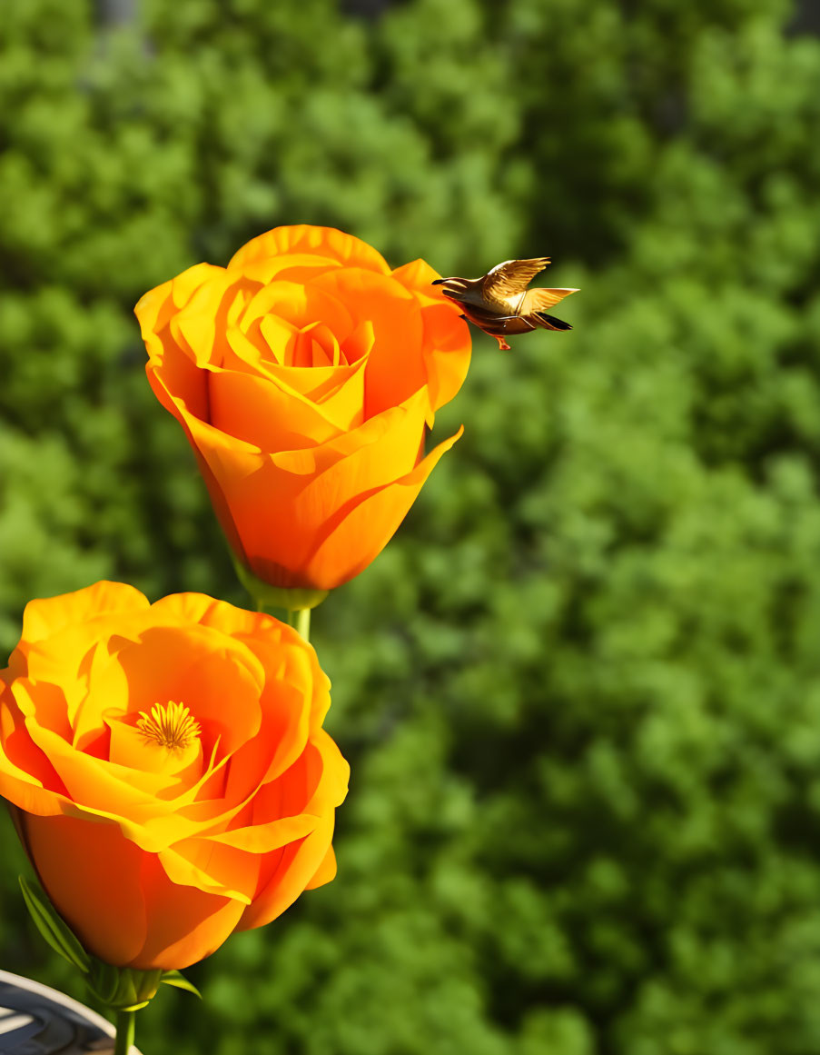 Hummingbird near vibrant orange rose on lush green backdrop