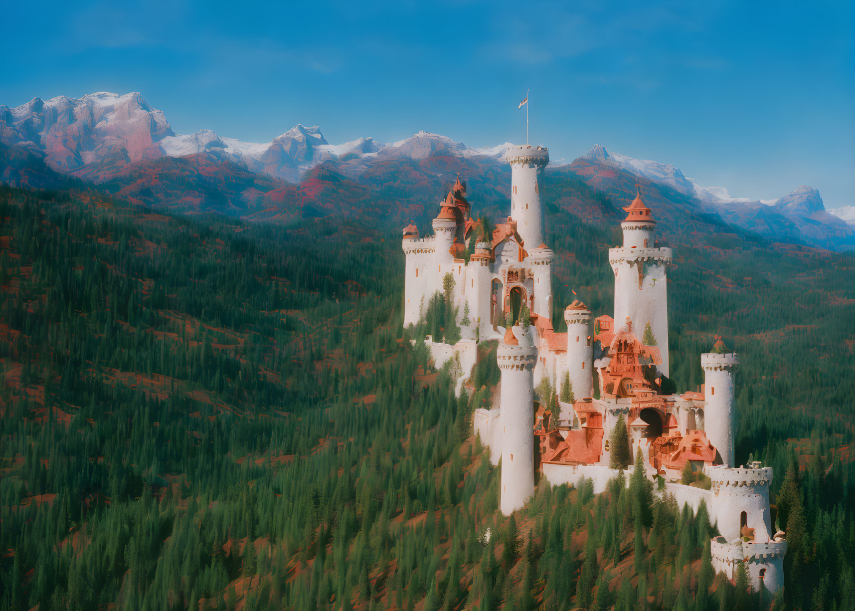 Majestic fairy-tale castle in forest with spires and mountains